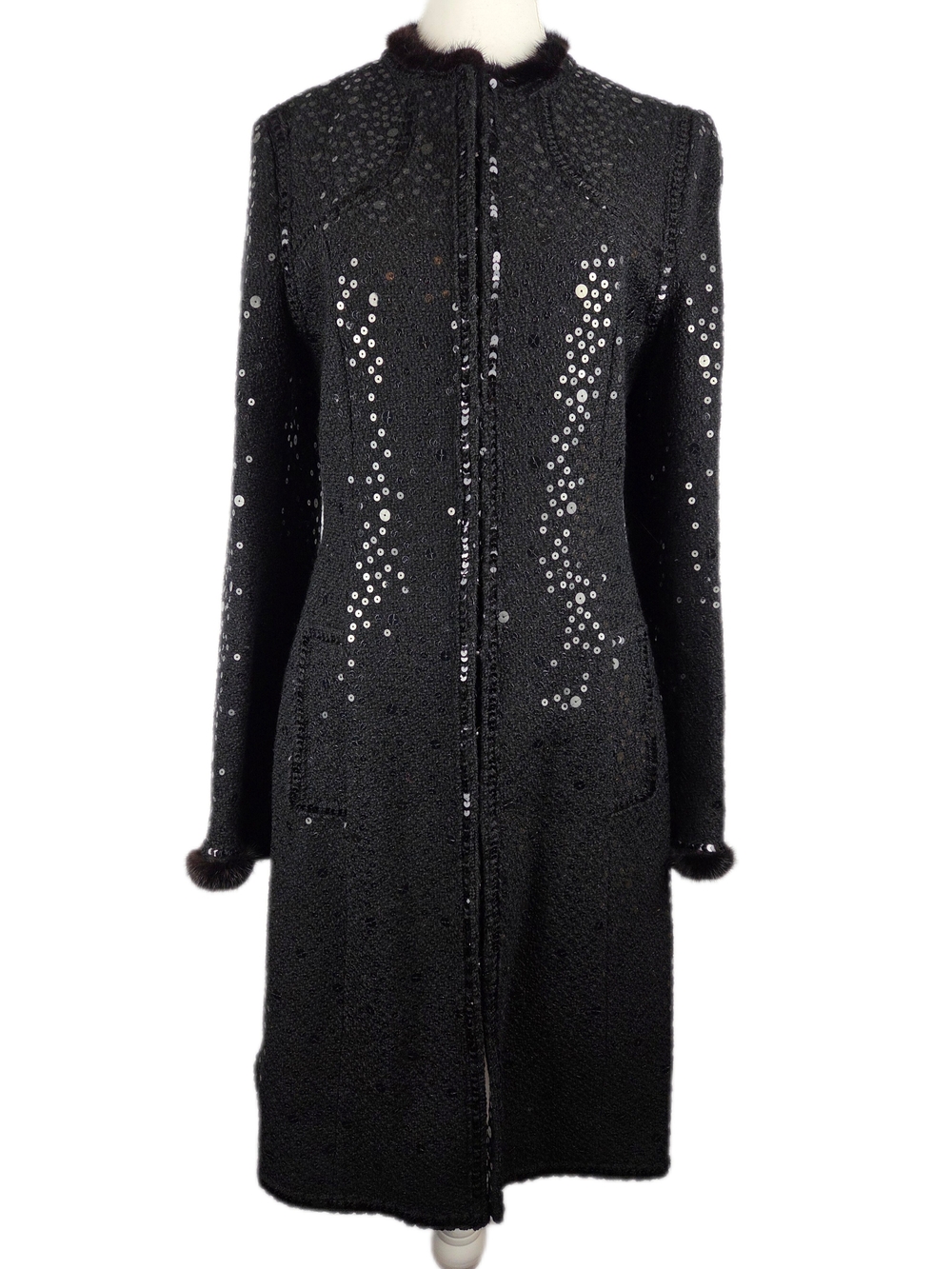 Andrew Gn Vintage AW2004 Sequin Embellished Wool Long Coat Mink Trim Black
